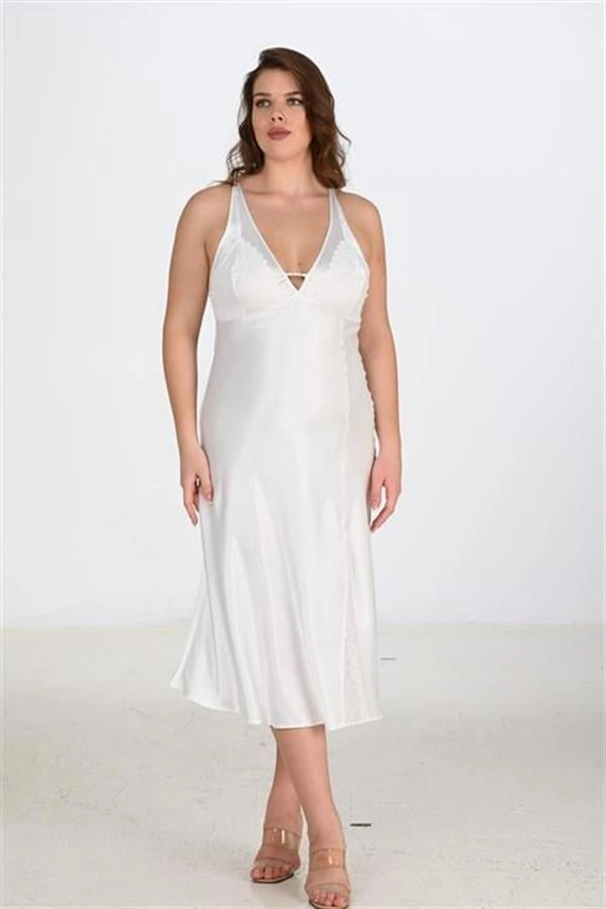 Büyük 2Li Saten Sabahlık Takımı Ekru Renk