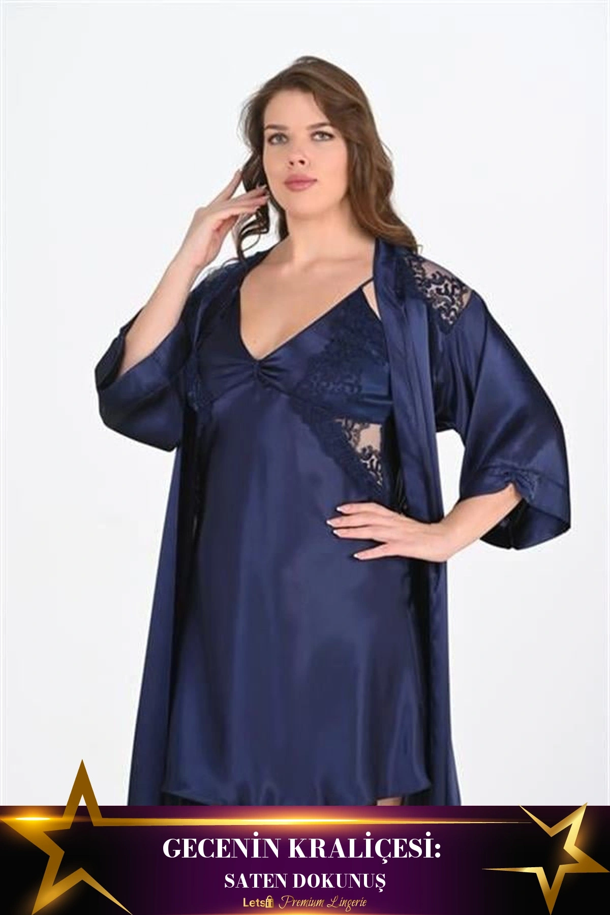 Büyük 2Li Saten Sabahlık Takımı Lacivert Renk