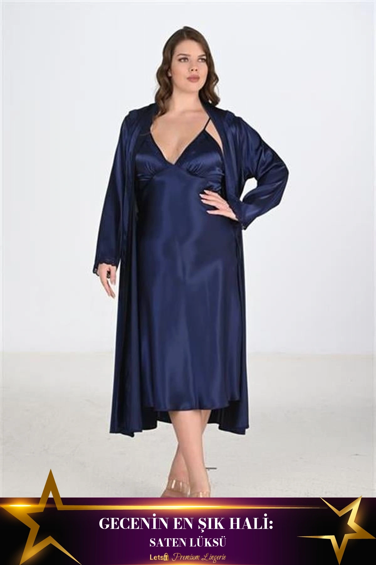Büyük 2Li Saten Sabahlık Takımı Lacivert Renk