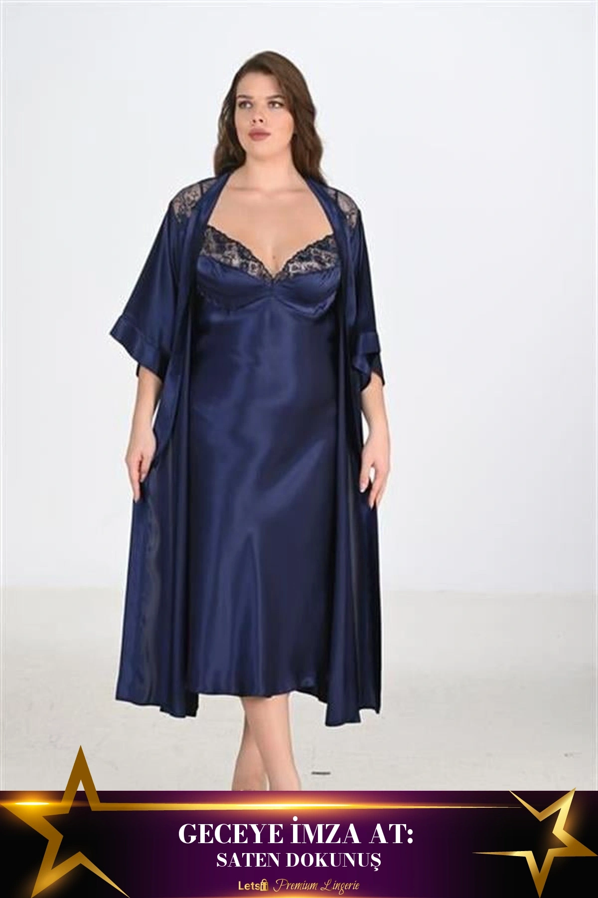Büyük 2Li Saten Sabahlık Takımı Lacivert Renk