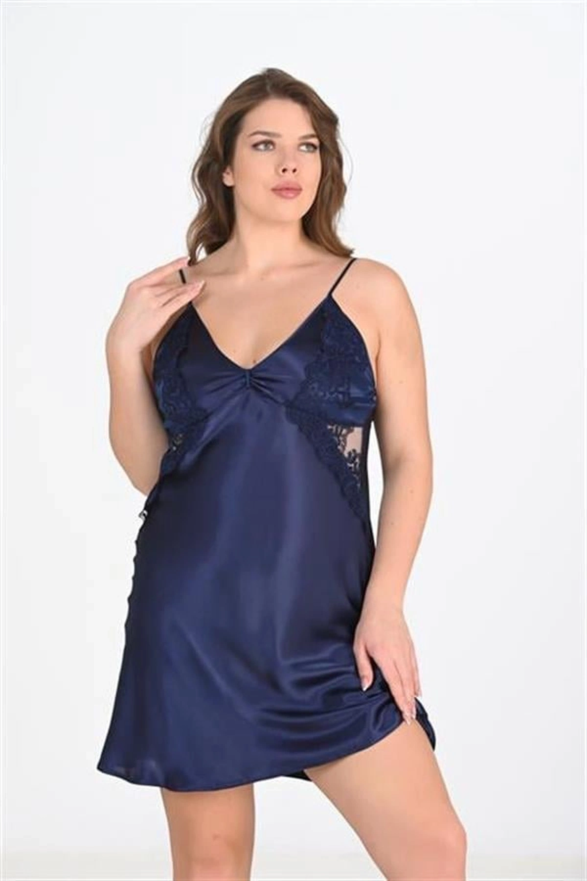 Büyük 2Li Saten Sabahlık Takımı Lacivert Renk