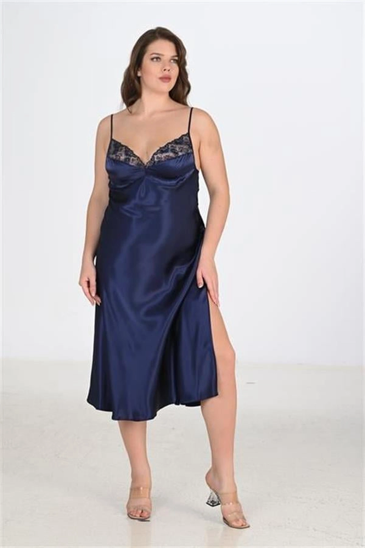 Büyük 2Li Saten Sabahlık Takımı Lacivert Renk