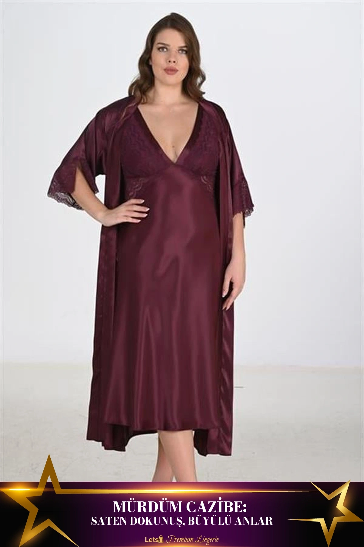 Büyük 2Li Saten Sabahlık Takımı Mürdüm Renk