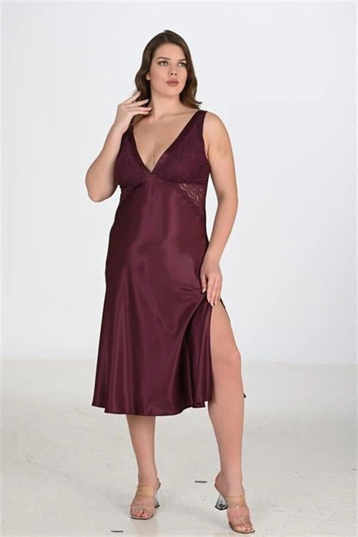 Büyük 2Li Saten Sabahlık Takımı Mürdüm Renk