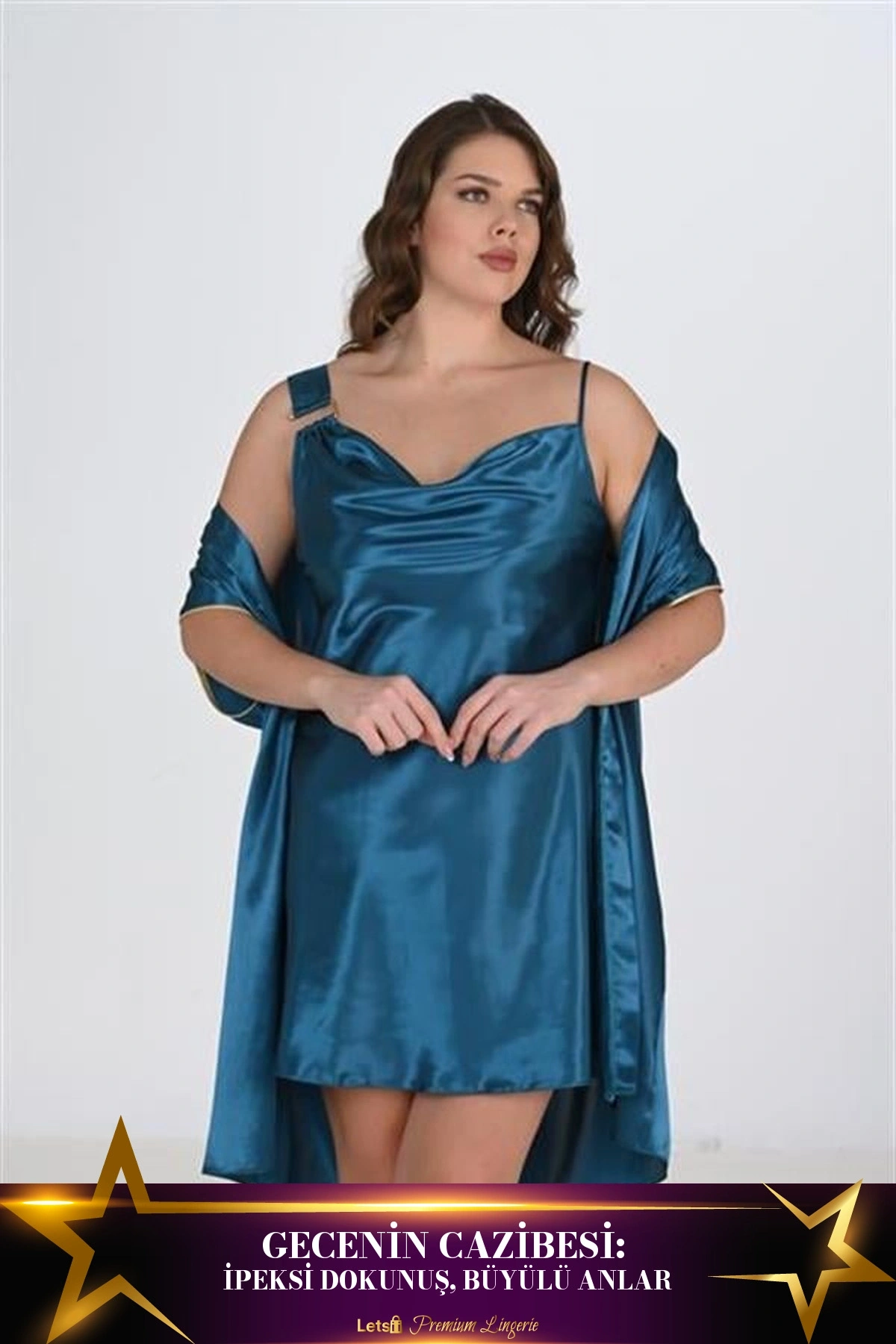 Büyük 2Li Saten Sabahlık Takımı Petrol Yeşili Renk