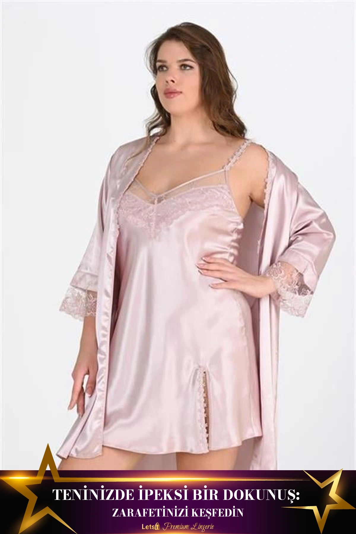 Büyük 2Li Saten Sabahlık Takımı Pudra Renk