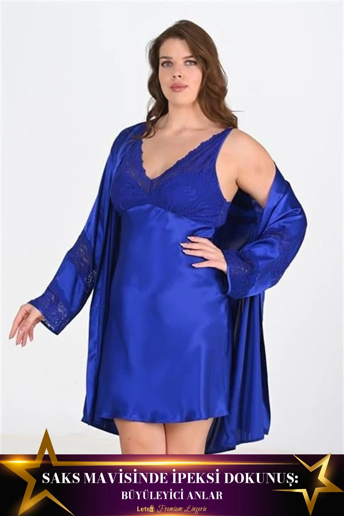 Büyük 2Li Saten Sabahlık Takımı Saks Mavisi Renk