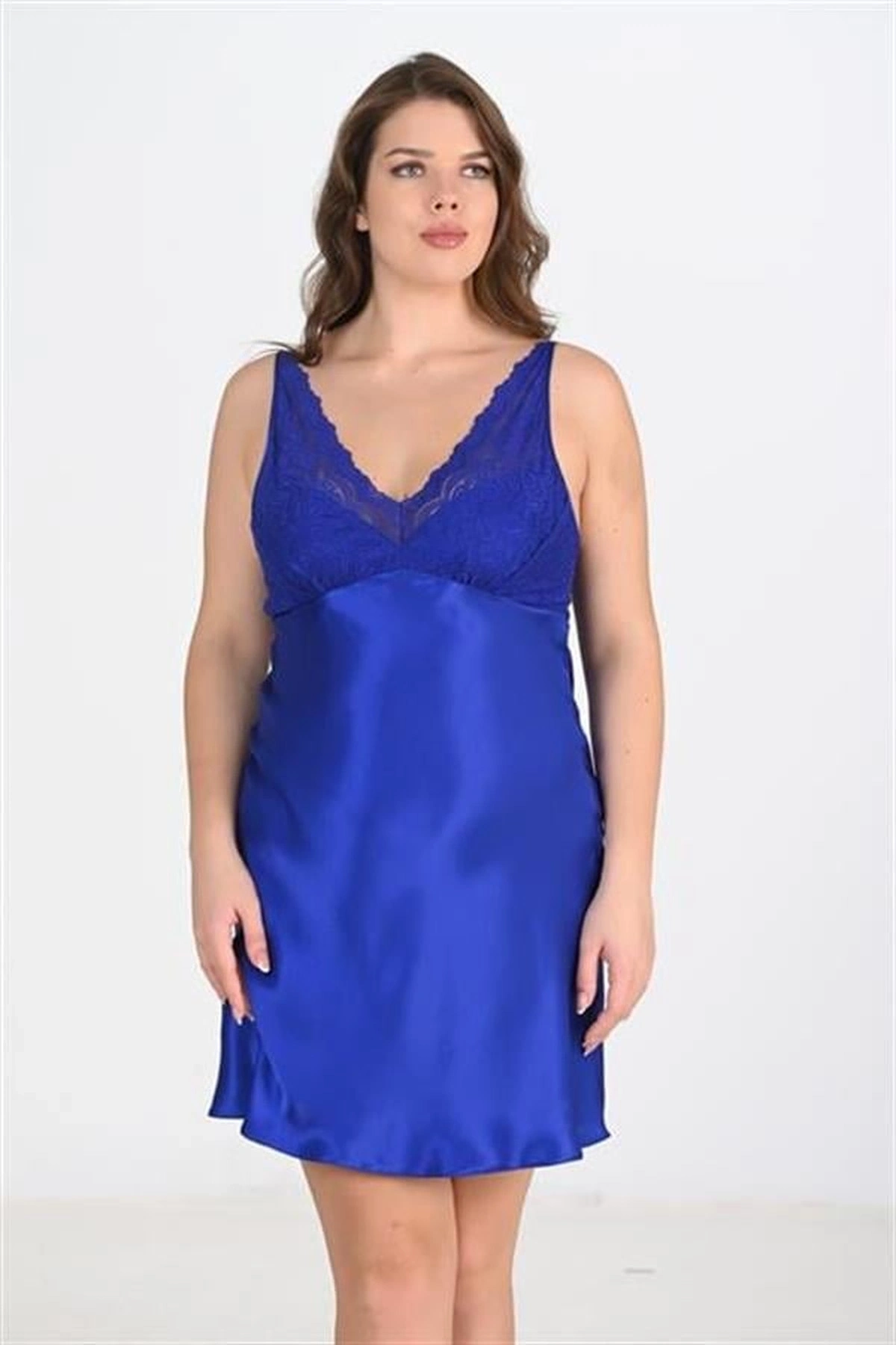 Büyük 2Li Saten Sabahlık Takımı Saks Mavisi Renk