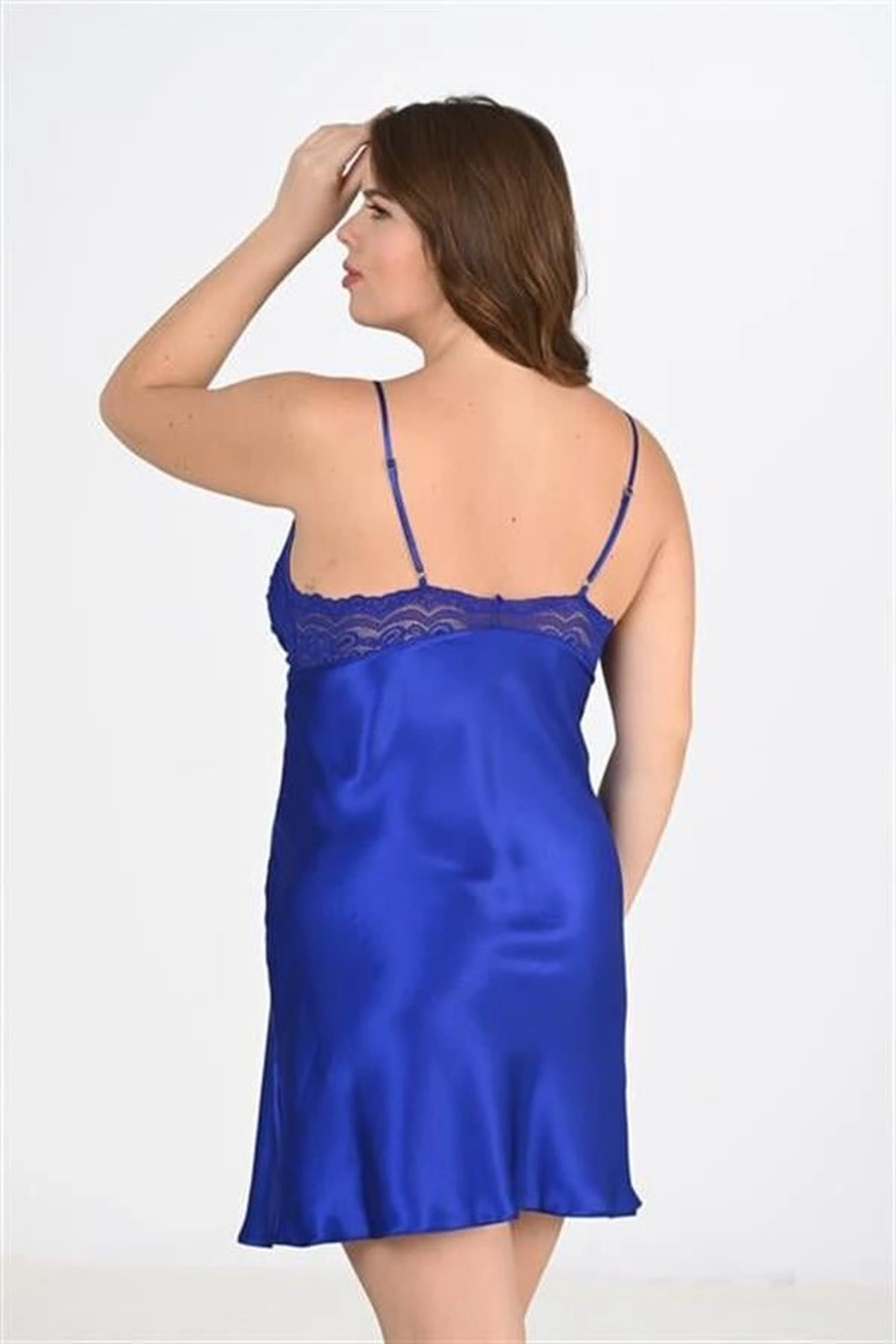 Büyük 2Li Saten Sabahlık Takımı Saks Mavisi Renk