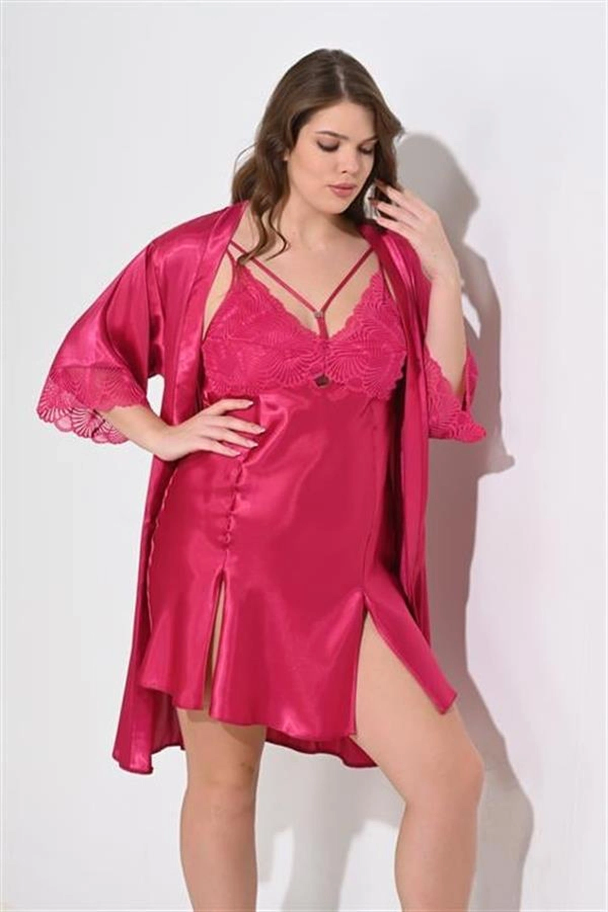 Büyük 2Li Saten Sabahlık Takımı Vişne Renk