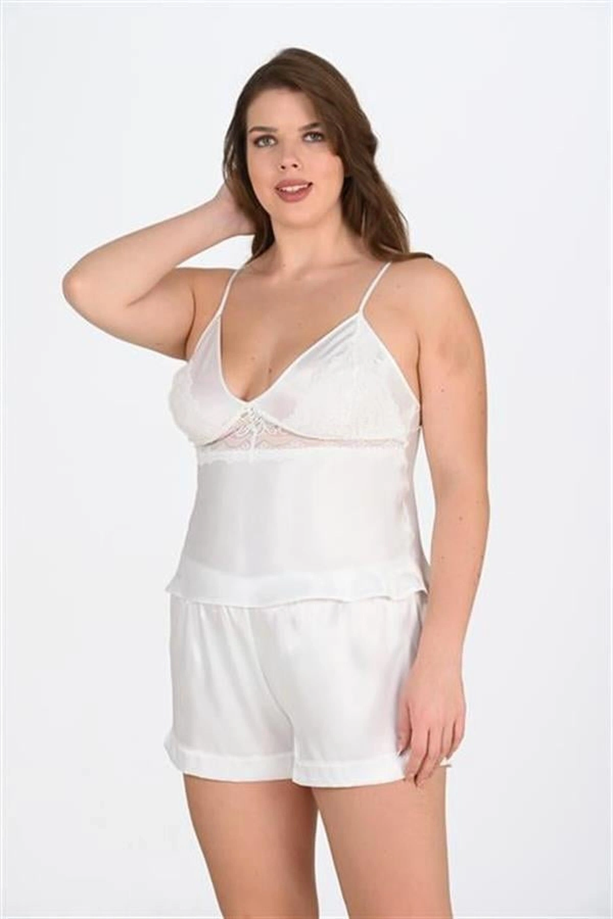 Büyük 2Li Saten Şort Takımı Ekru Renk