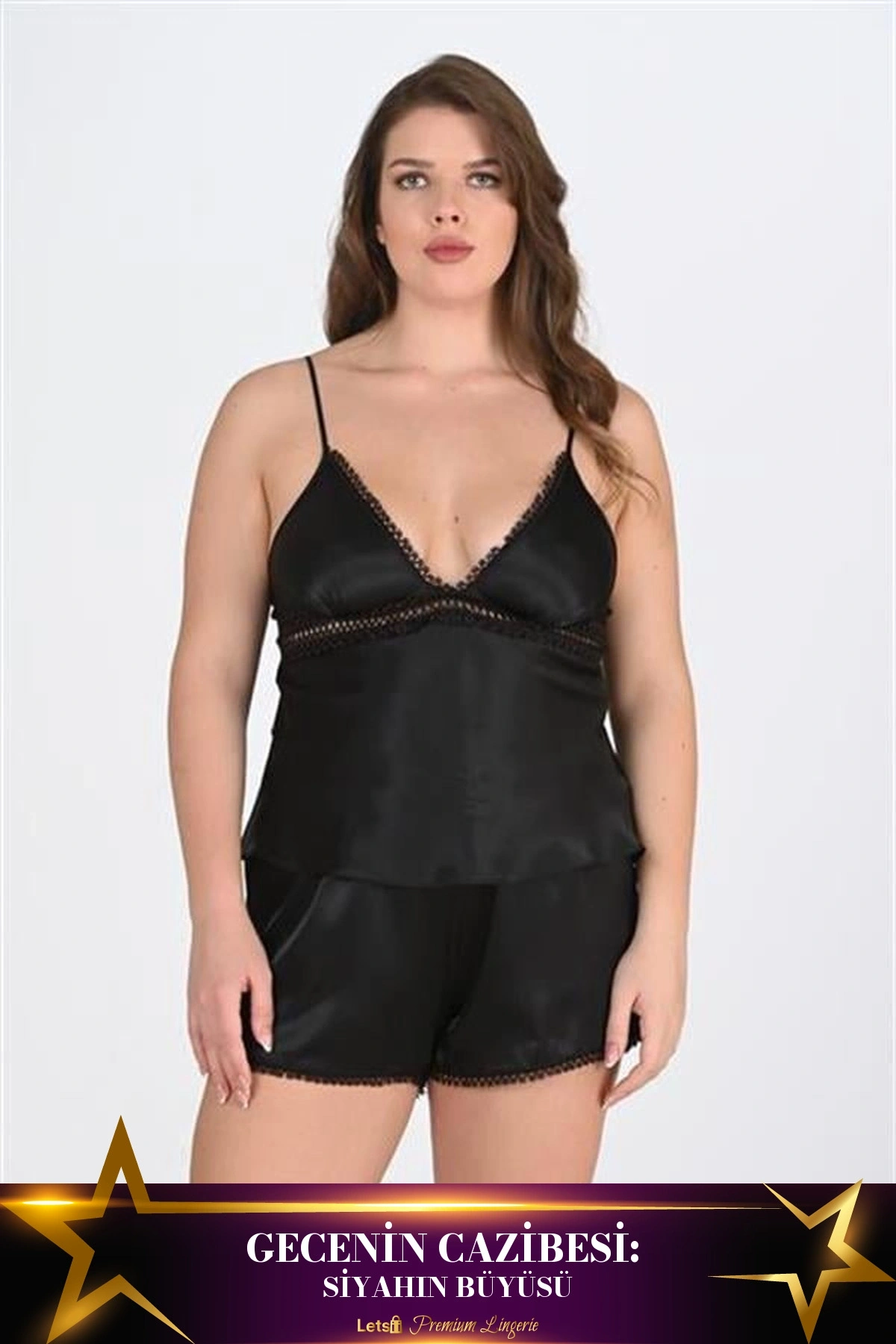 Büyük 2Li Saten Şort Takımı Siyah Renk