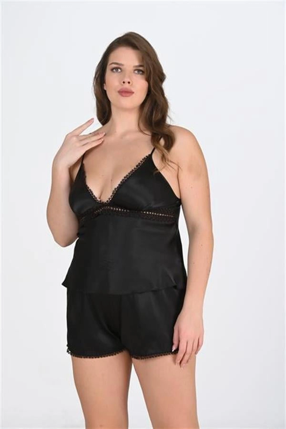 Büyük 2Li Saten Şort Takımı Siyah Renk