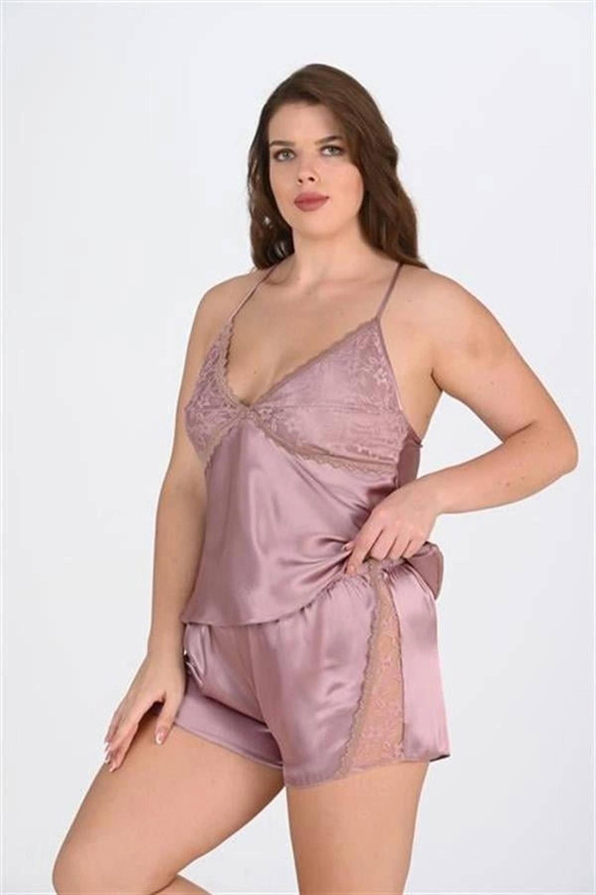 Büyük 2Li Saten Şort Takımı Vizon Renk