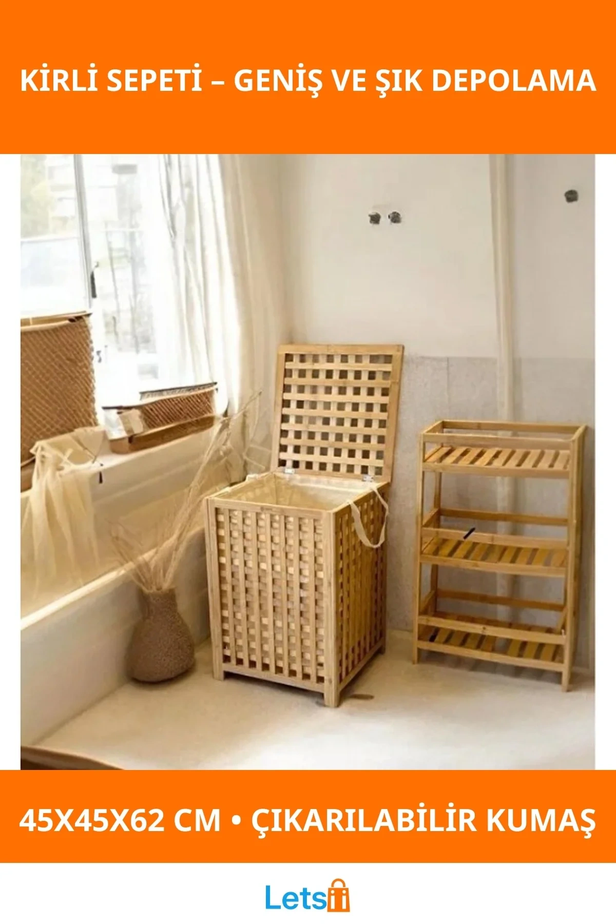 Büyük Boy Doğal Ahşap Bambu Kirli Sepeti 45x45x62