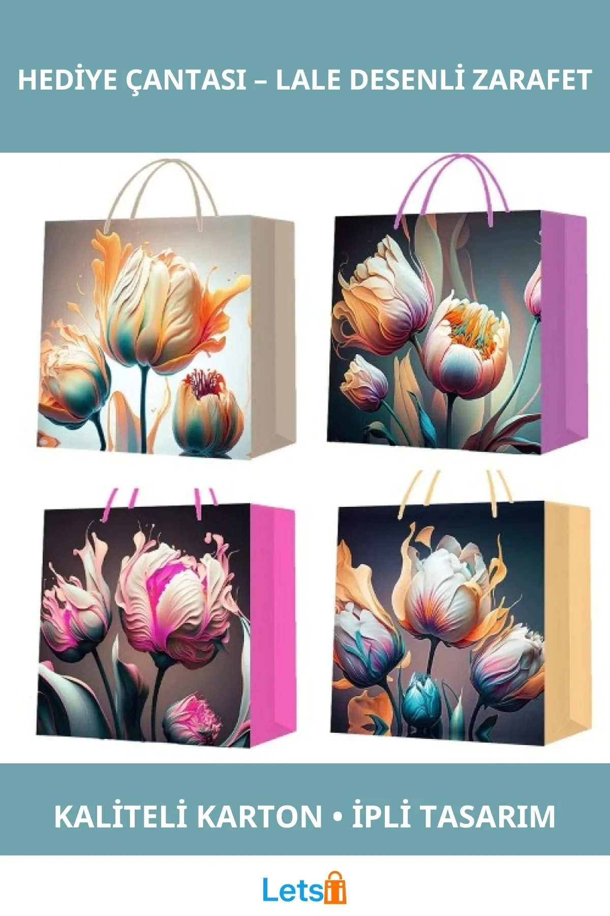 Büyük Boy Lale Desenli Şık Karton Hediye Çantası 26x32 cm