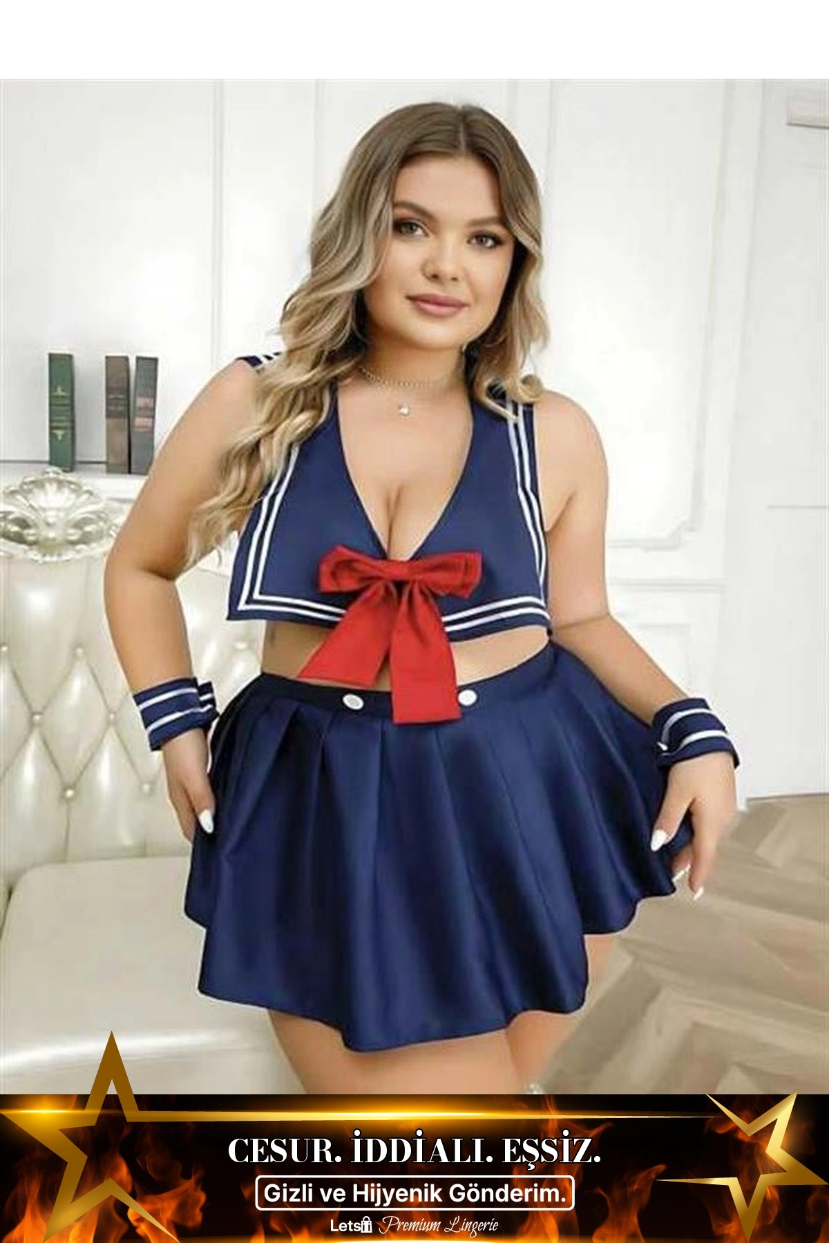 Büyük Büstiyerli Mini Etekli Fantezi Kostüm Lacivert Renk