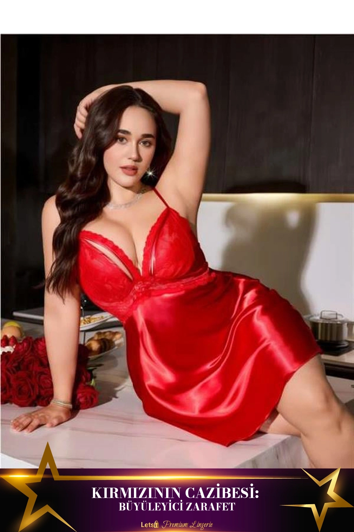 Büyük Dantel Detaylı Gecelik Kırmızı Renk