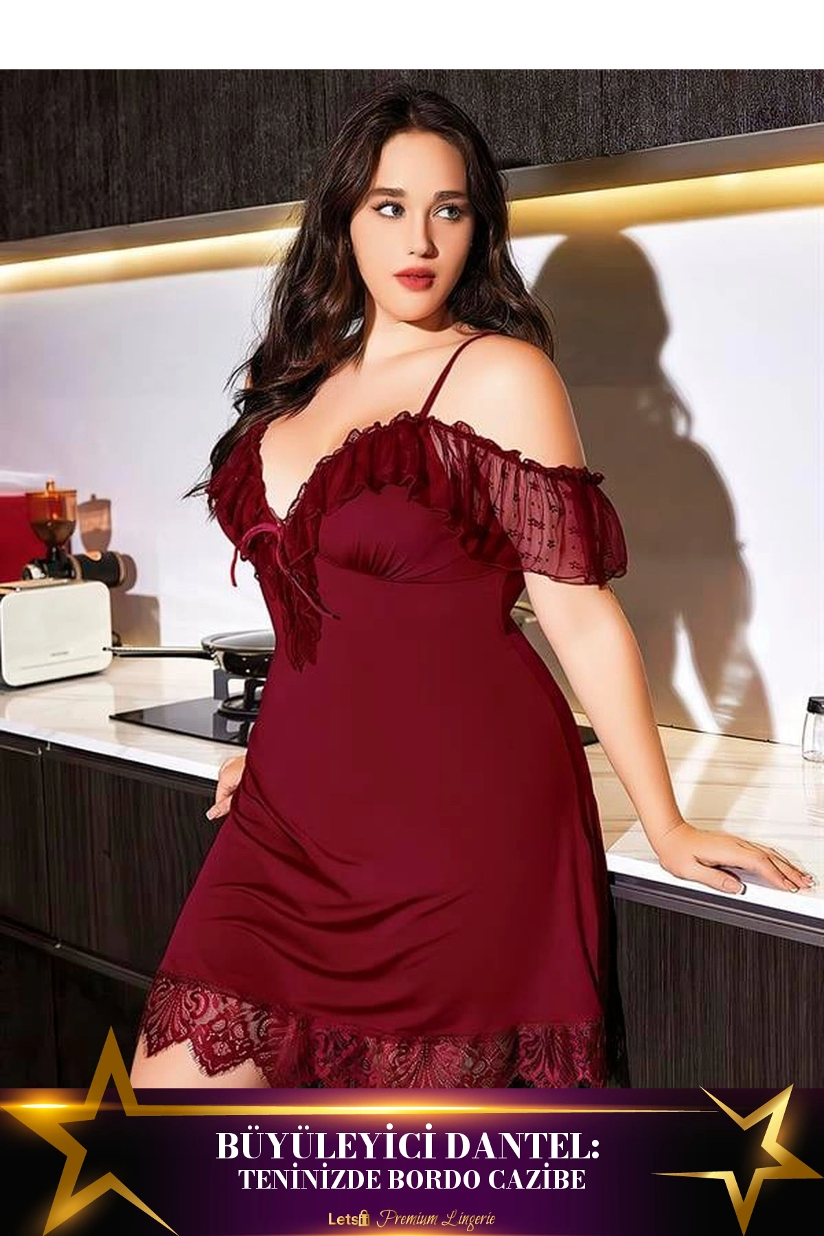 Büyük Dantel İşlemeli İnce Askılı Gecelik Bordo Renk