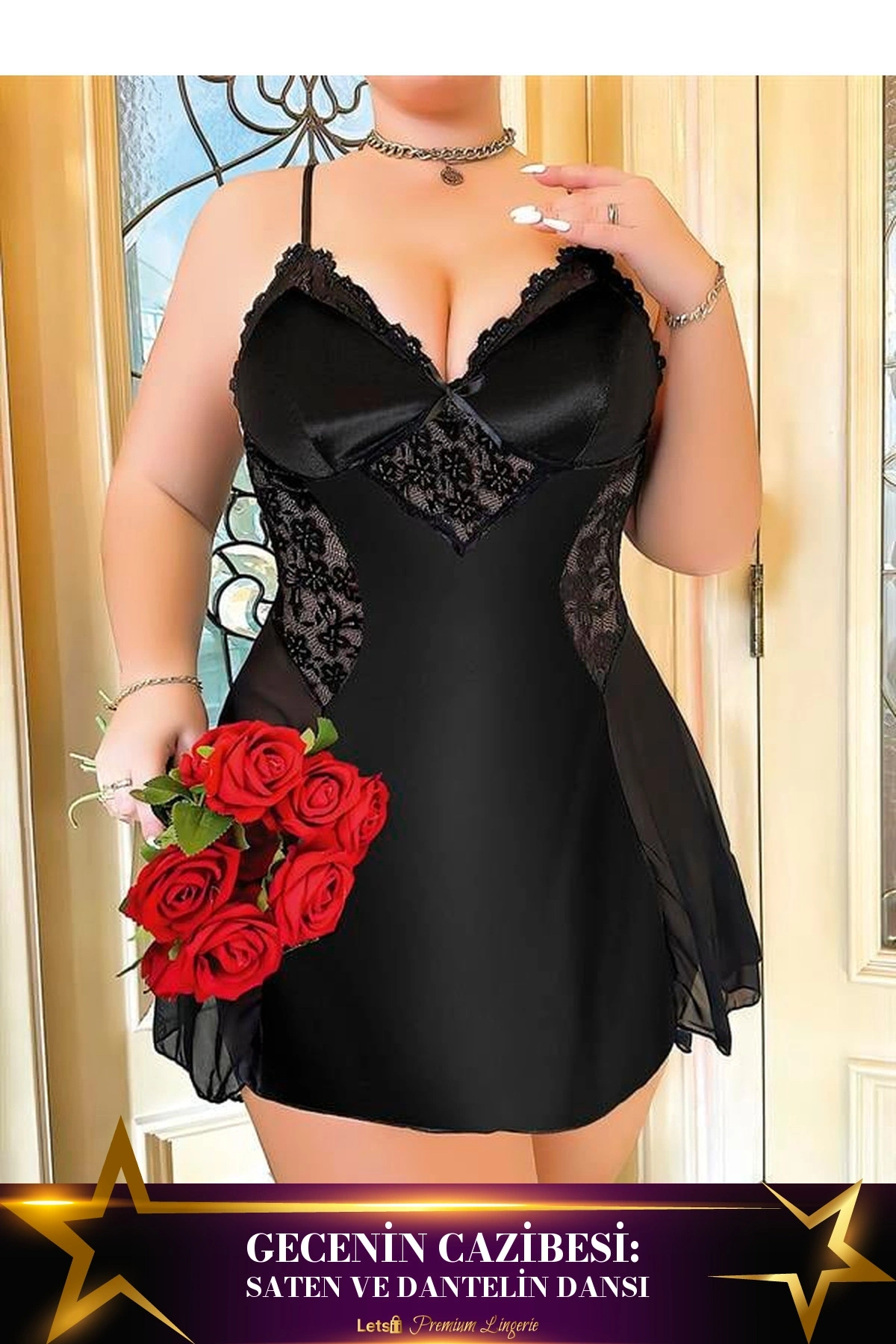 Büyük Dantel İşlemeli İnce Askılı Saten Gecelik Siyah Renk