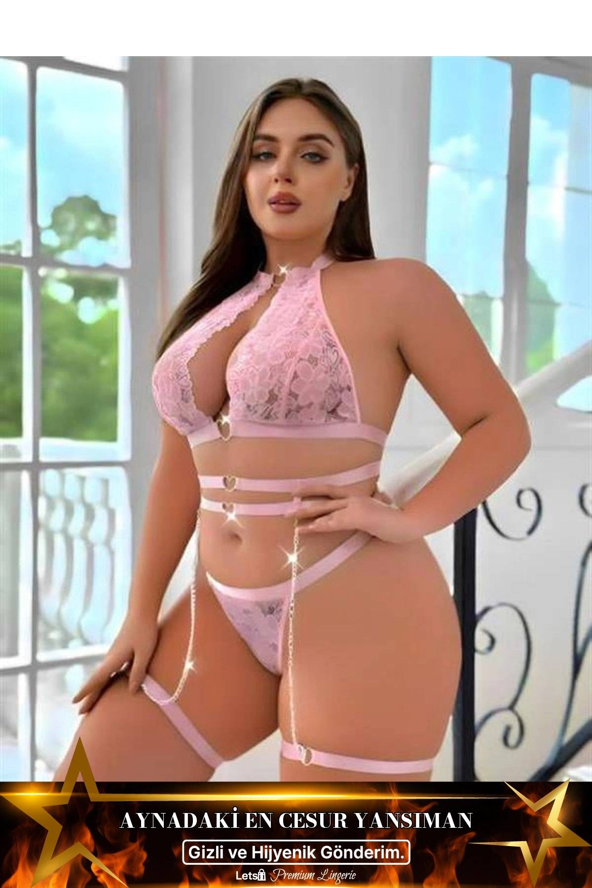 Büyük Dantel İşlemeli Zincir Detaylı Jartiyer Takımı Pembe Renk