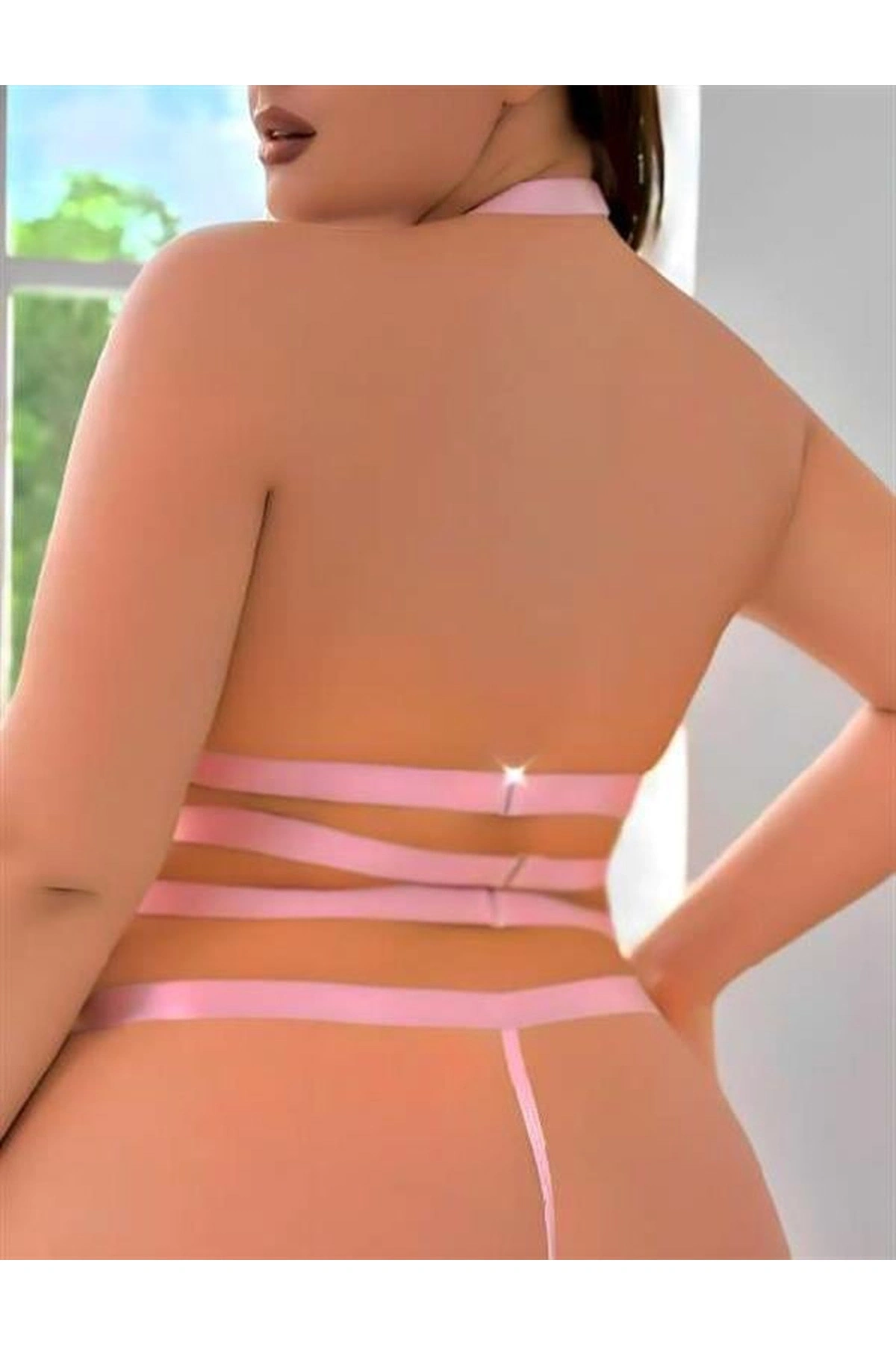 Büyük Dantel İşlemeli Zincir Detaylı Jartiyer Takımı Pembe Renk