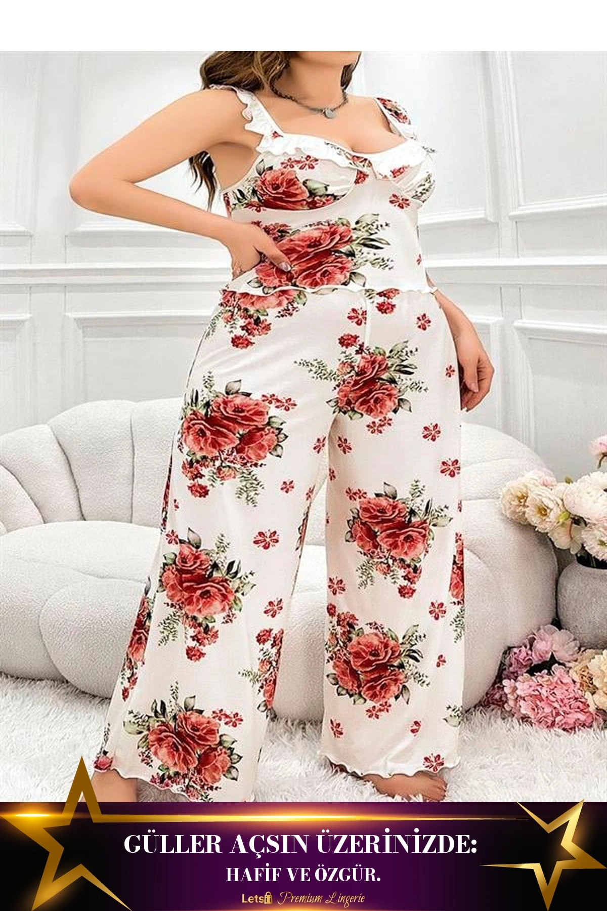 Büyük Desenli İnce Askılı Salaş 2Li Pijama Takımı Standart Renk