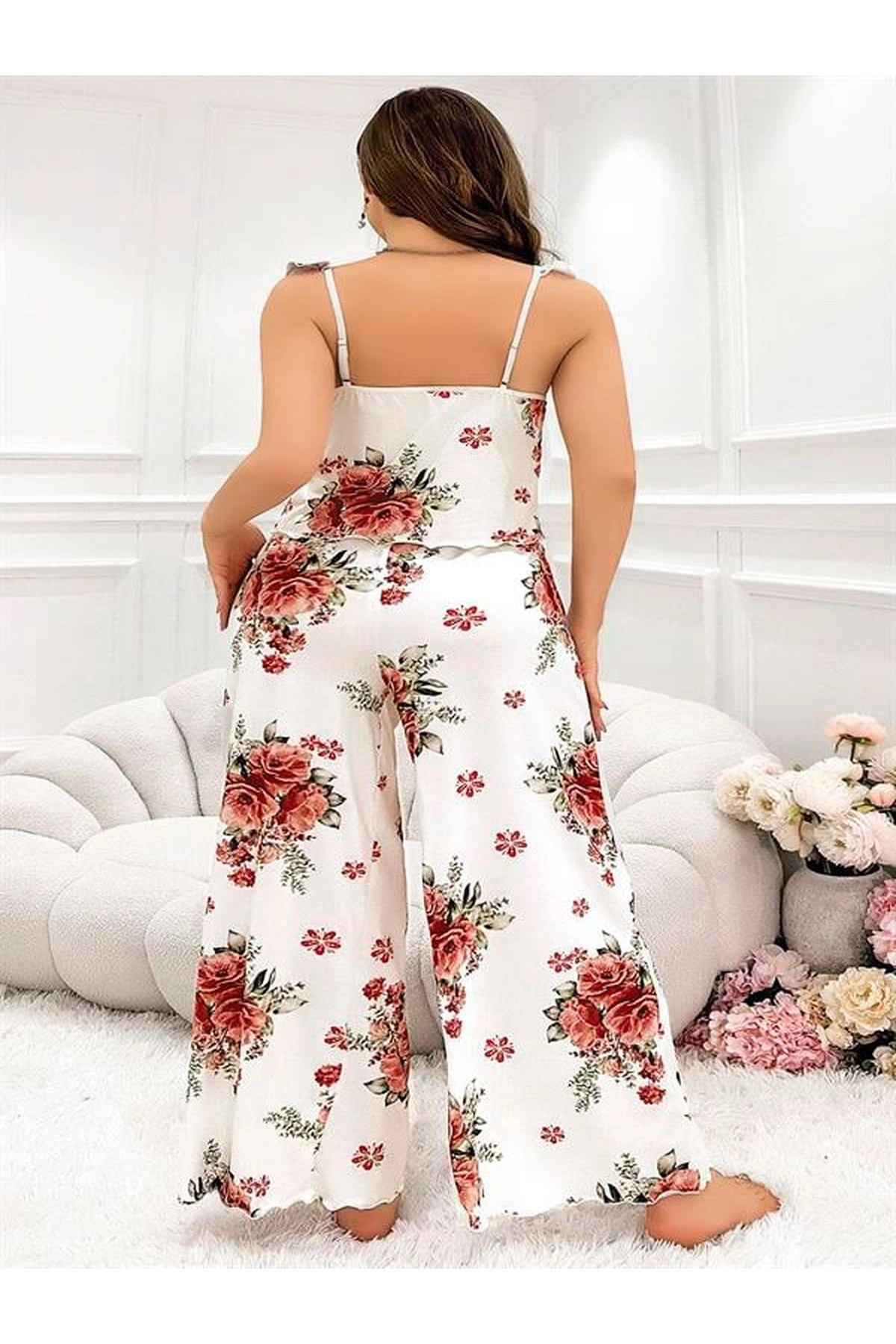 Büyük Desenli İnce Askılı Salaş 2Li Pijama Takımı Standart Renk