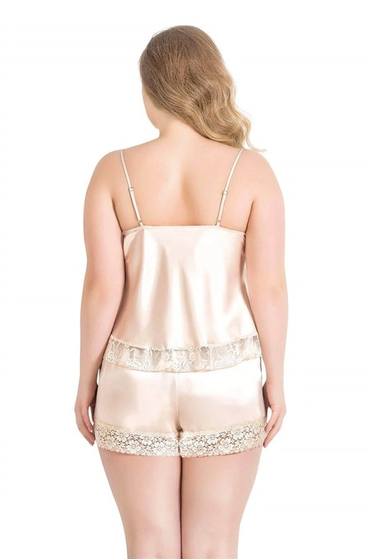 Büyük Fildişi Saten Babydoll Şort Takımı Fil Dişi Renk