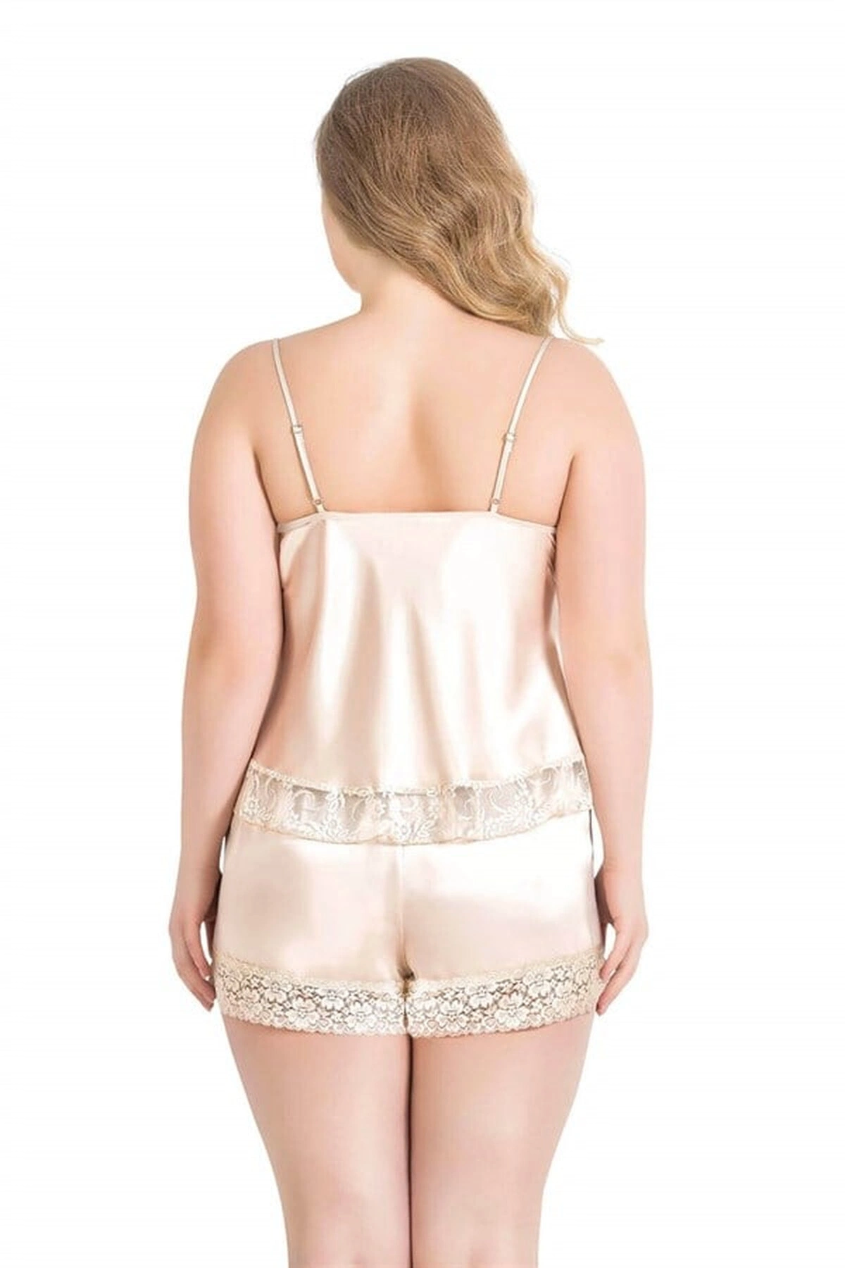 Büyük Fildişi Saten Babydoll Şort Takımı Fil Dişi Renk