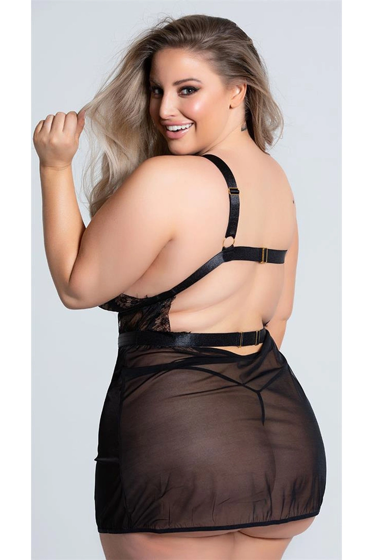 Büyük Göğüs Altı Şeritli Askılı Fantezi Gecelik Siyah Renk