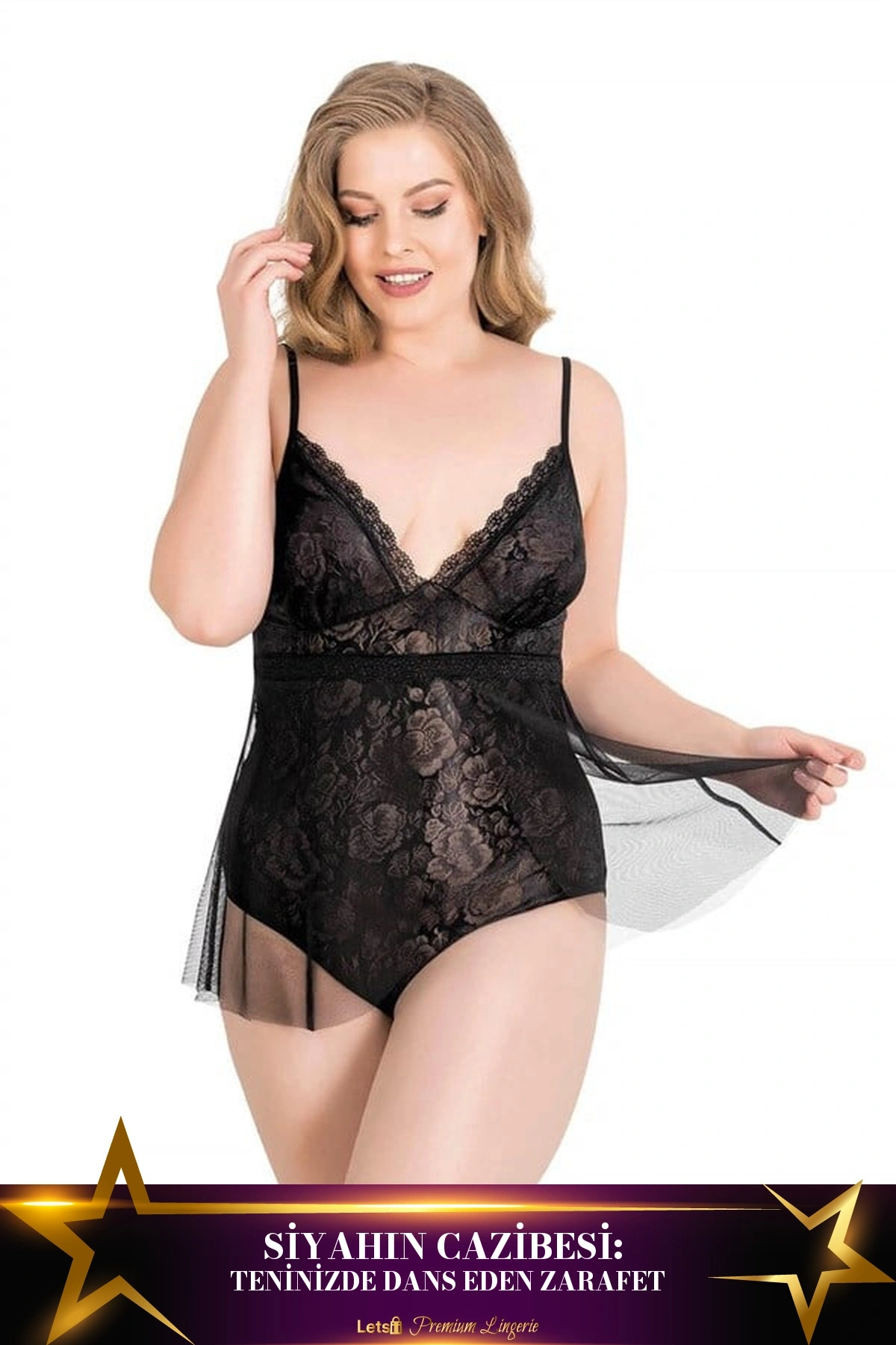 Büyük Jakarlı Bodysuit Gecelik Siyah Renk