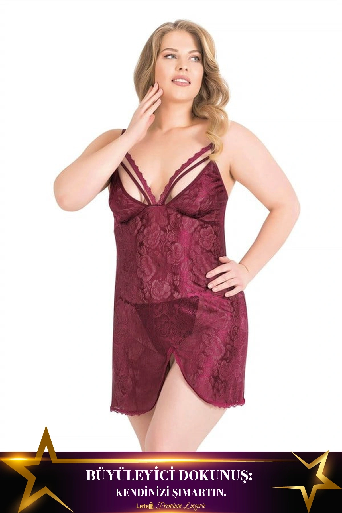 Büyük Jakarlı Kısa Gecelik Bordo Renk