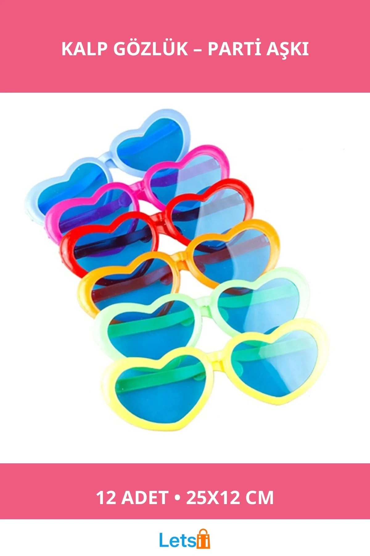 Büyük Kalp Parti Gözlüğü 12 Adet Karışık Renkli