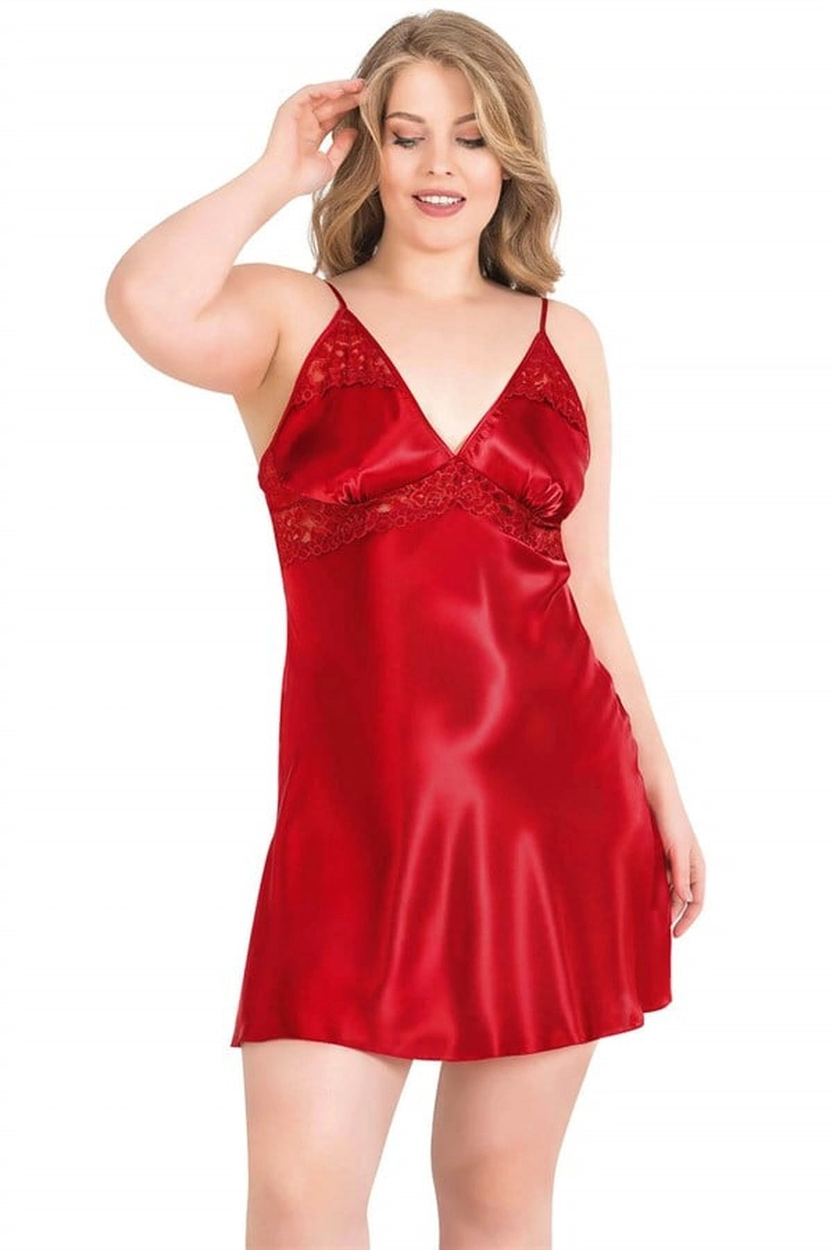 Büyük Kısa İkili Saten Sabahlık Gecelik Takımı Kırmızı Renk