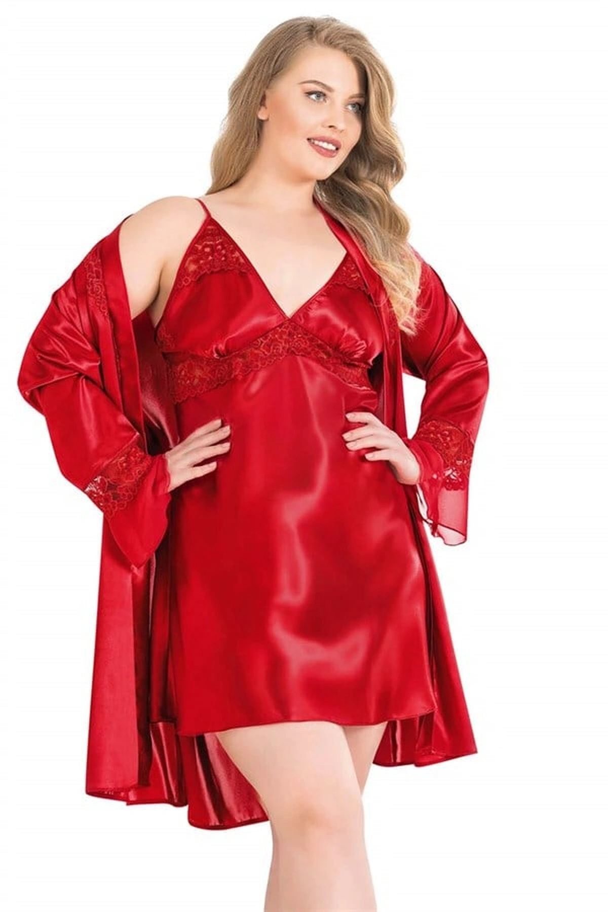 Büyük Kısa İkili Saten Sabahlık Gecelik Takımı Kırmızı Renk