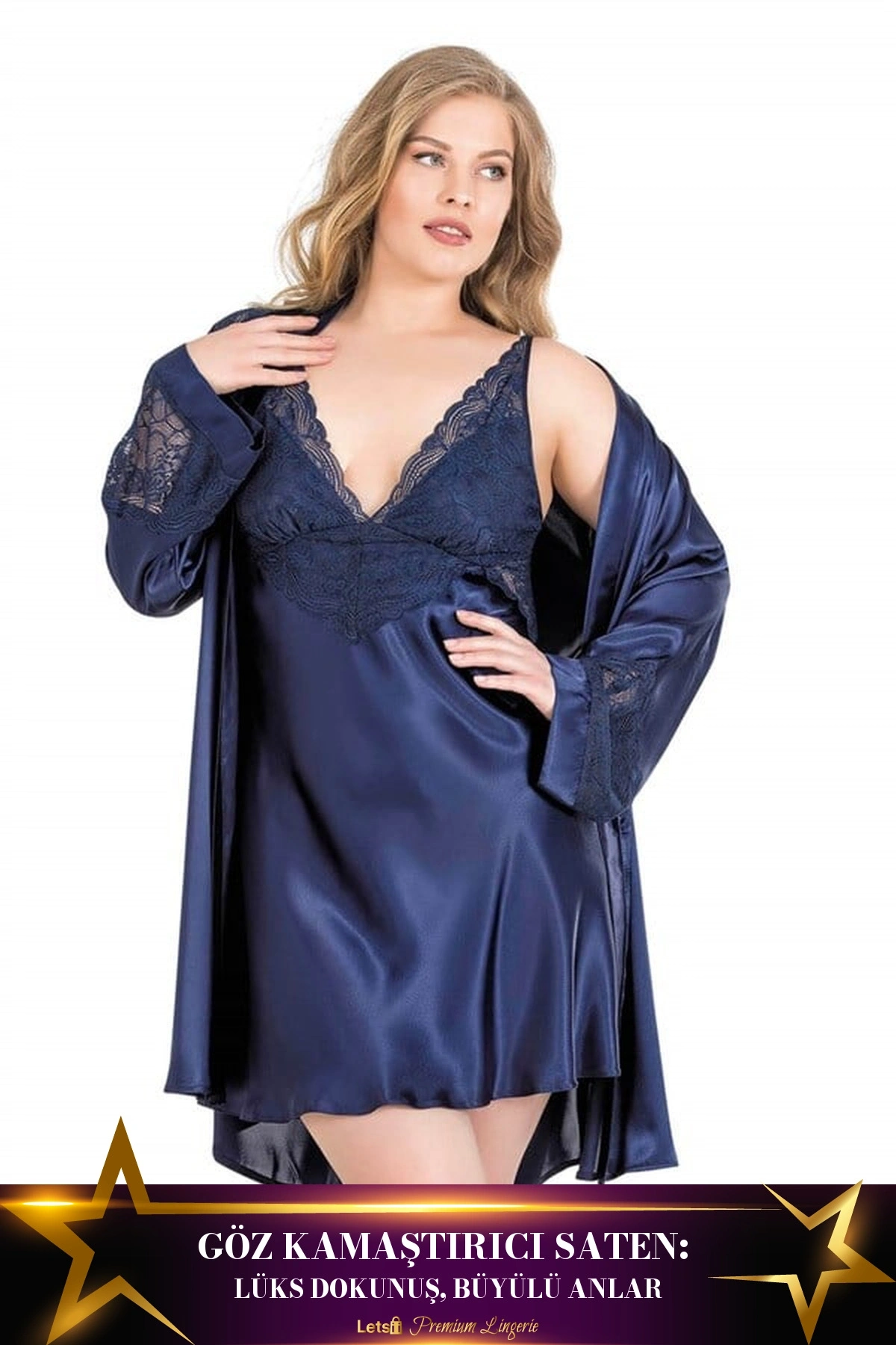 Büyük Kısa İkili Saten Sabahlık Gecelik Takımı Lacivert Renk