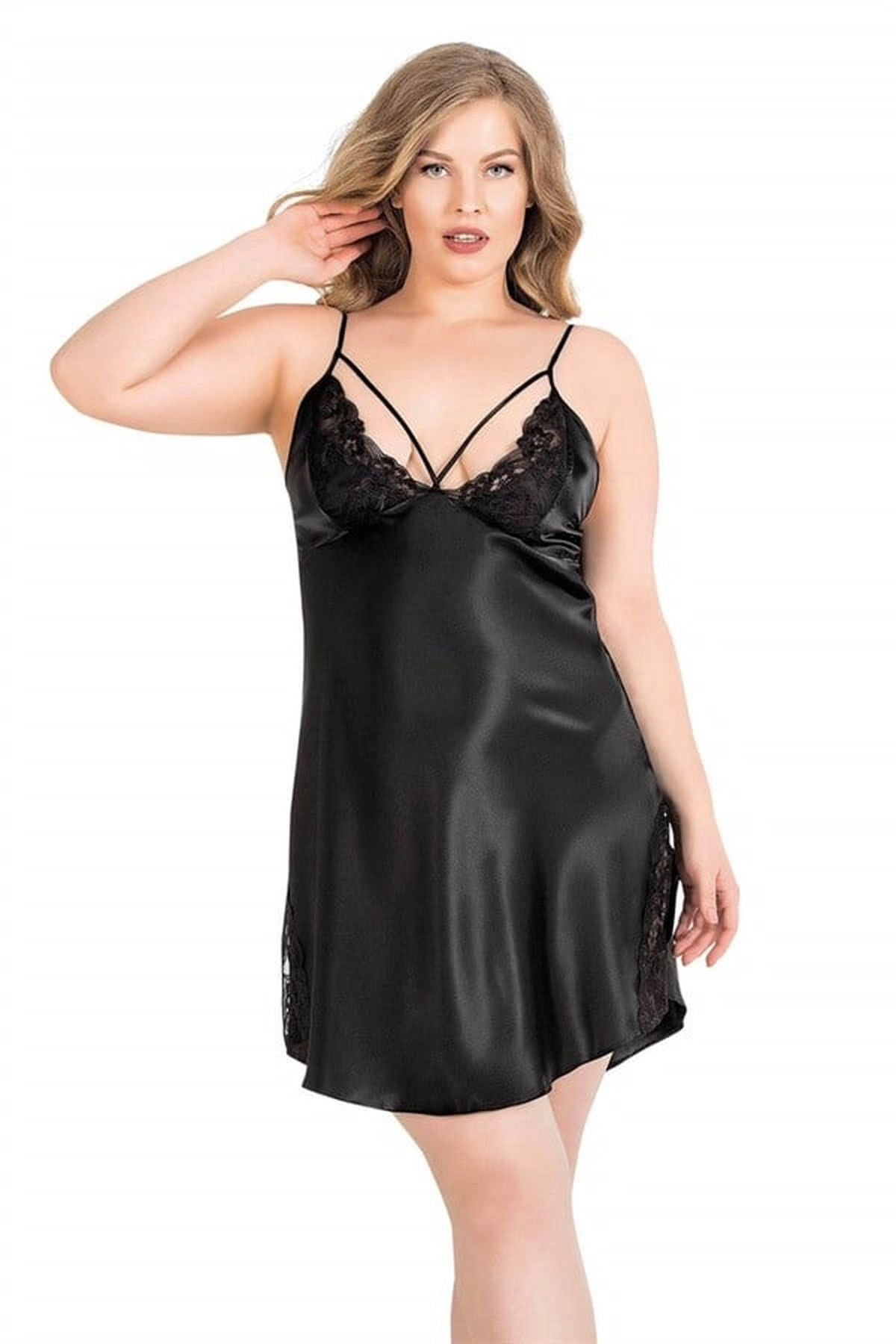 Büyük Kısa İkili Saten Sabahlık Gecelik Takımı Siyah Renk