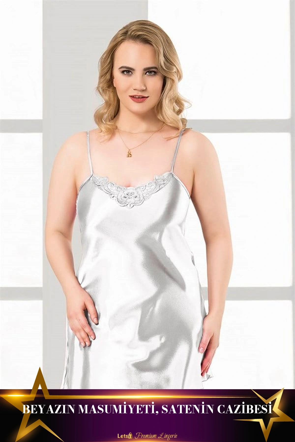 Büyük Kısa Saten Gecelik Beyaz Renk