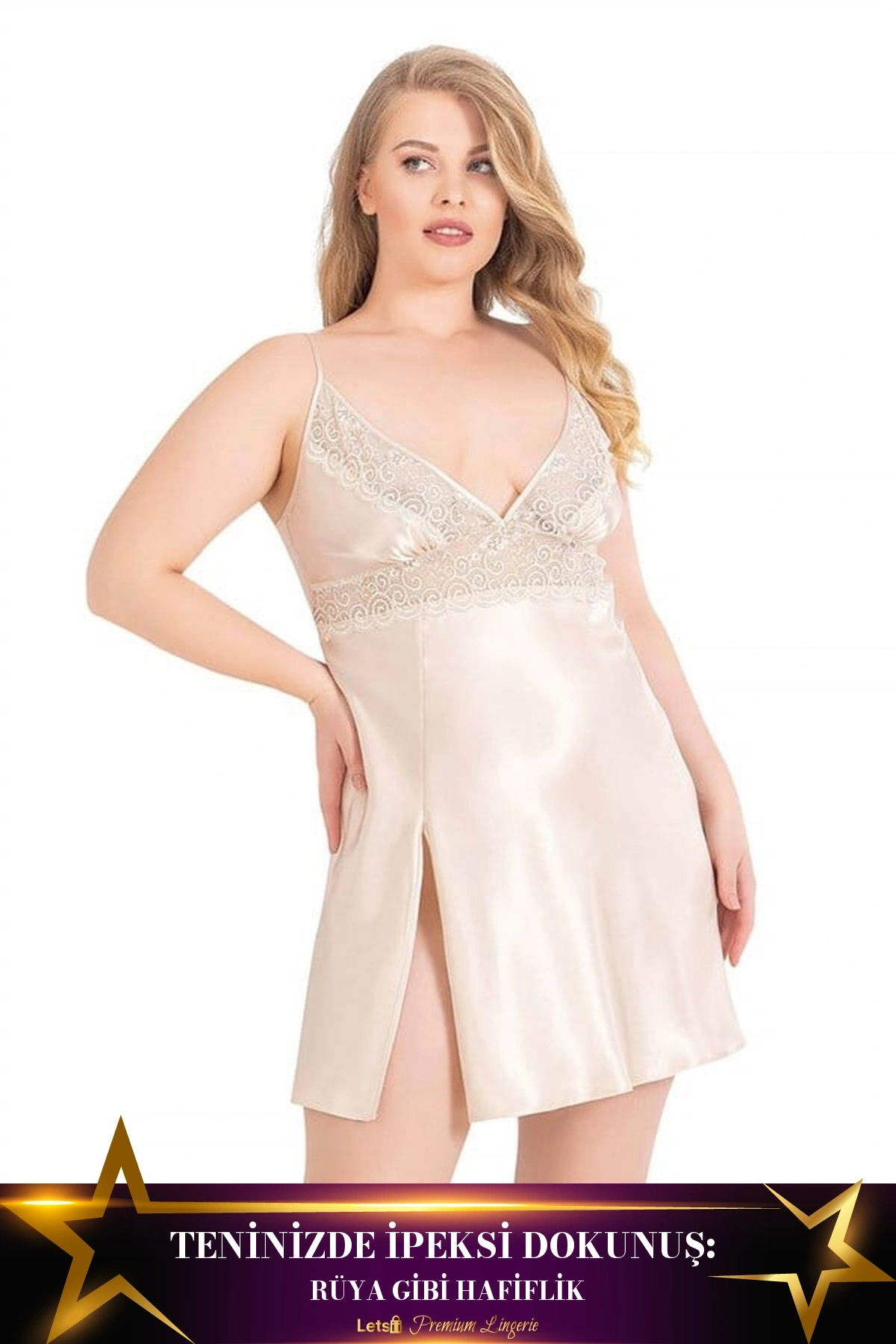 Büyük Kısa Saten Gecelik Fil Dişi Renk