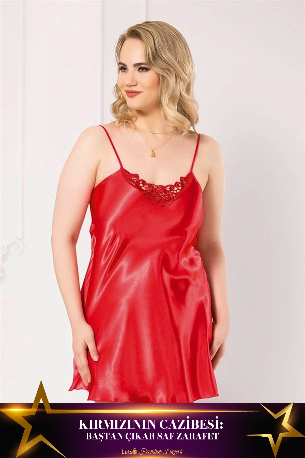 Büyük Kısa Saten Gecelik Kırmızı Renk