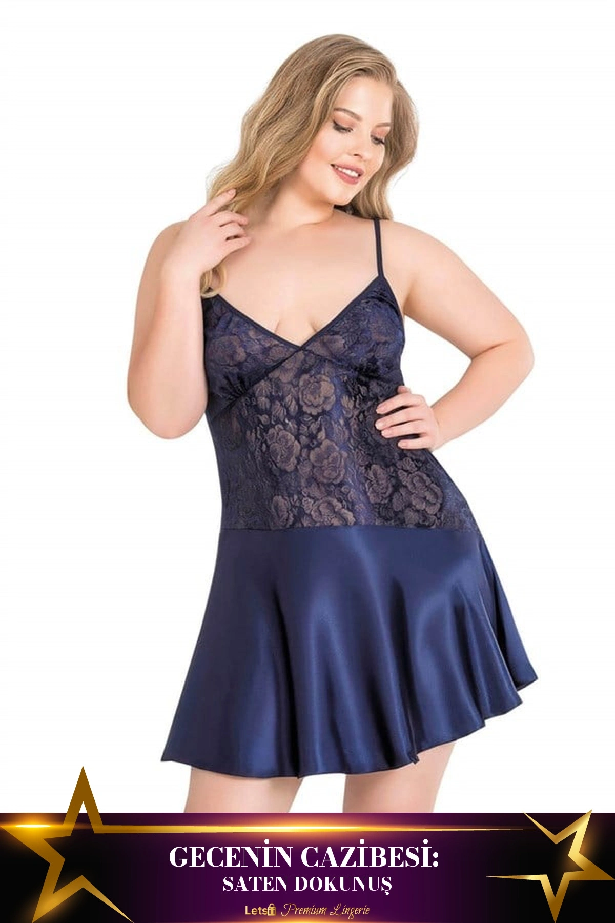 Büyük Kısa Saten Gecelik Lacivert Renk