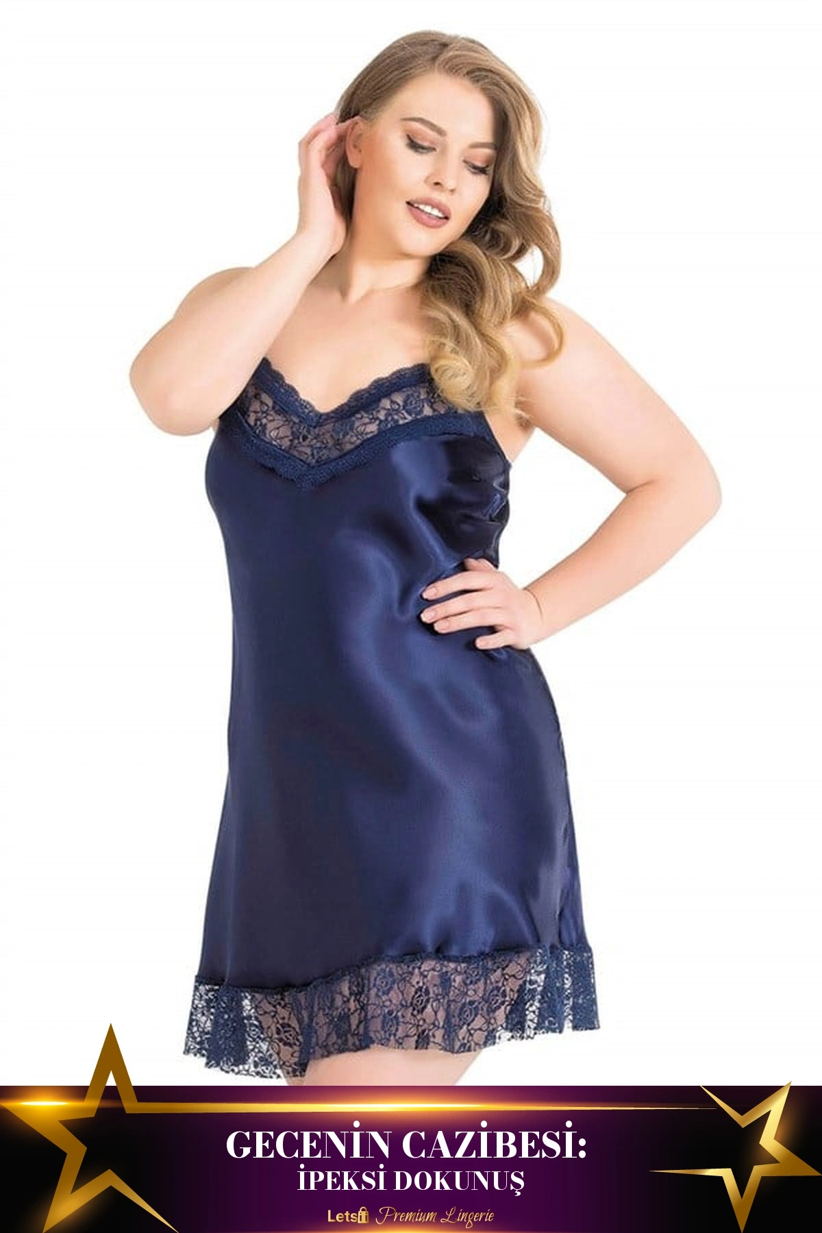 Büyük Kısa Saten Gecelik Lacivert Renk