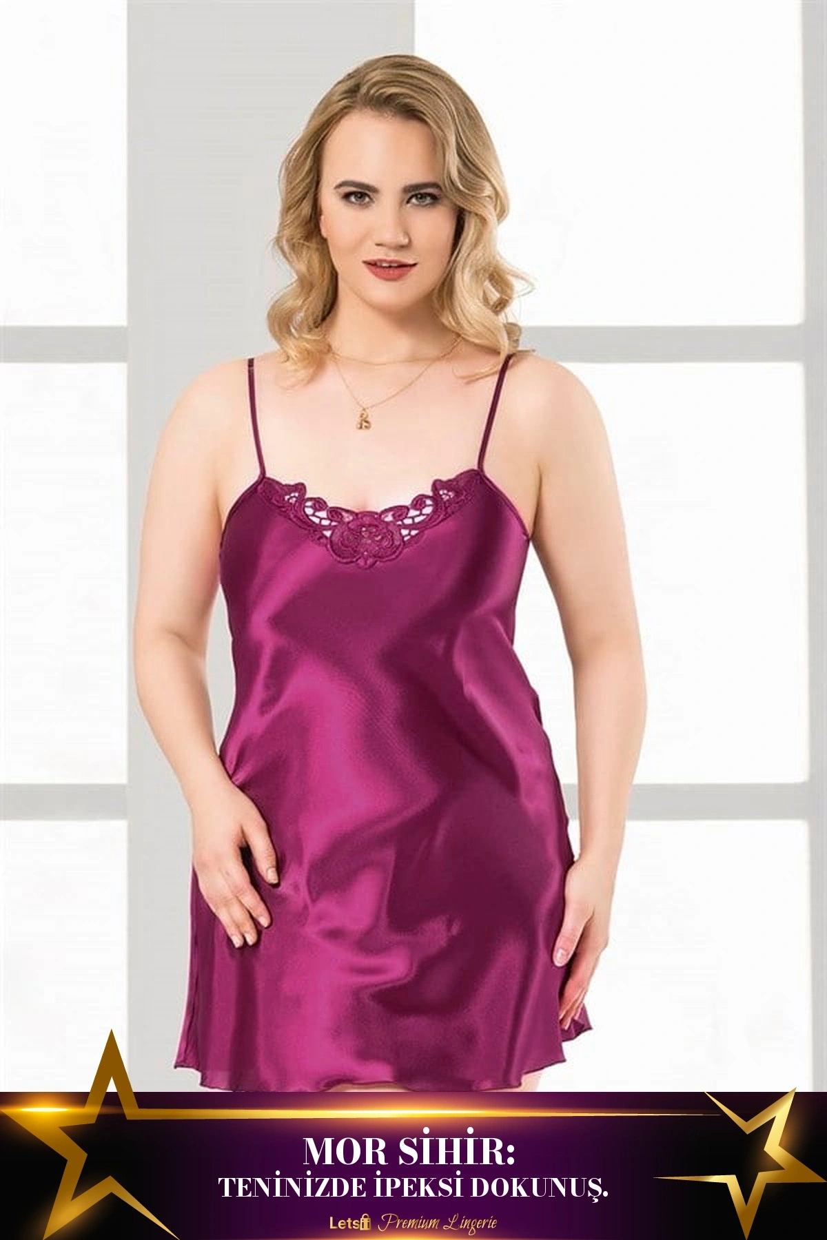 Büyük Kısa Saten Gecelik Mor Renk