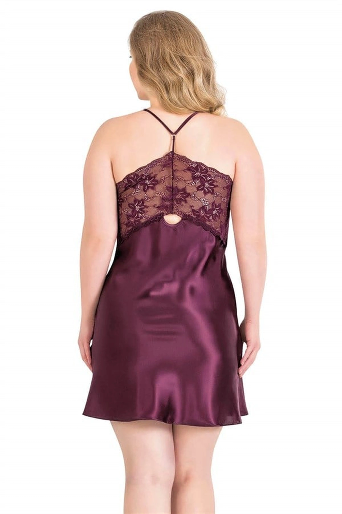 Büyük Kısa Saten Gecelik Mürdüm Renk