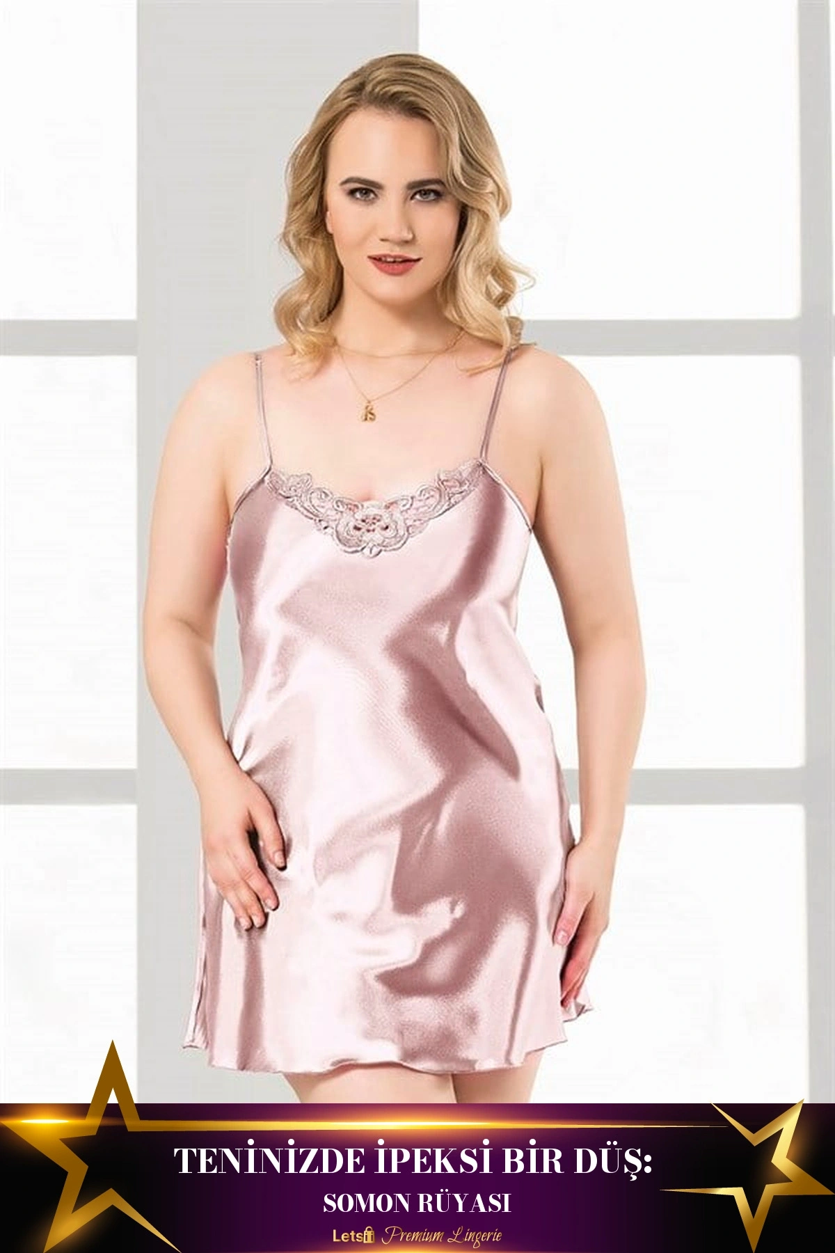 Büyük Kısa Saten Gecelik Somon Renk