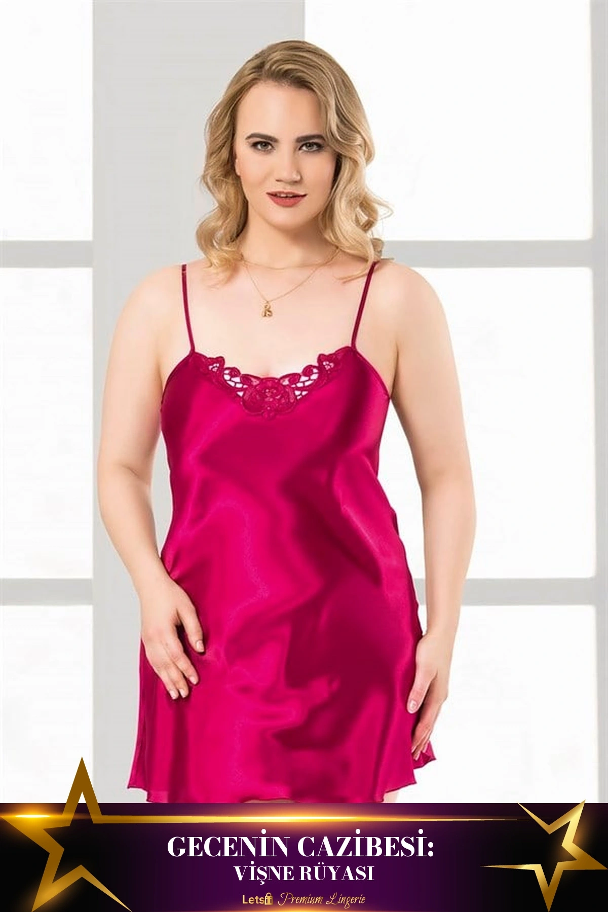 Büyük Kısa Saten Gecelik Vişne Renk