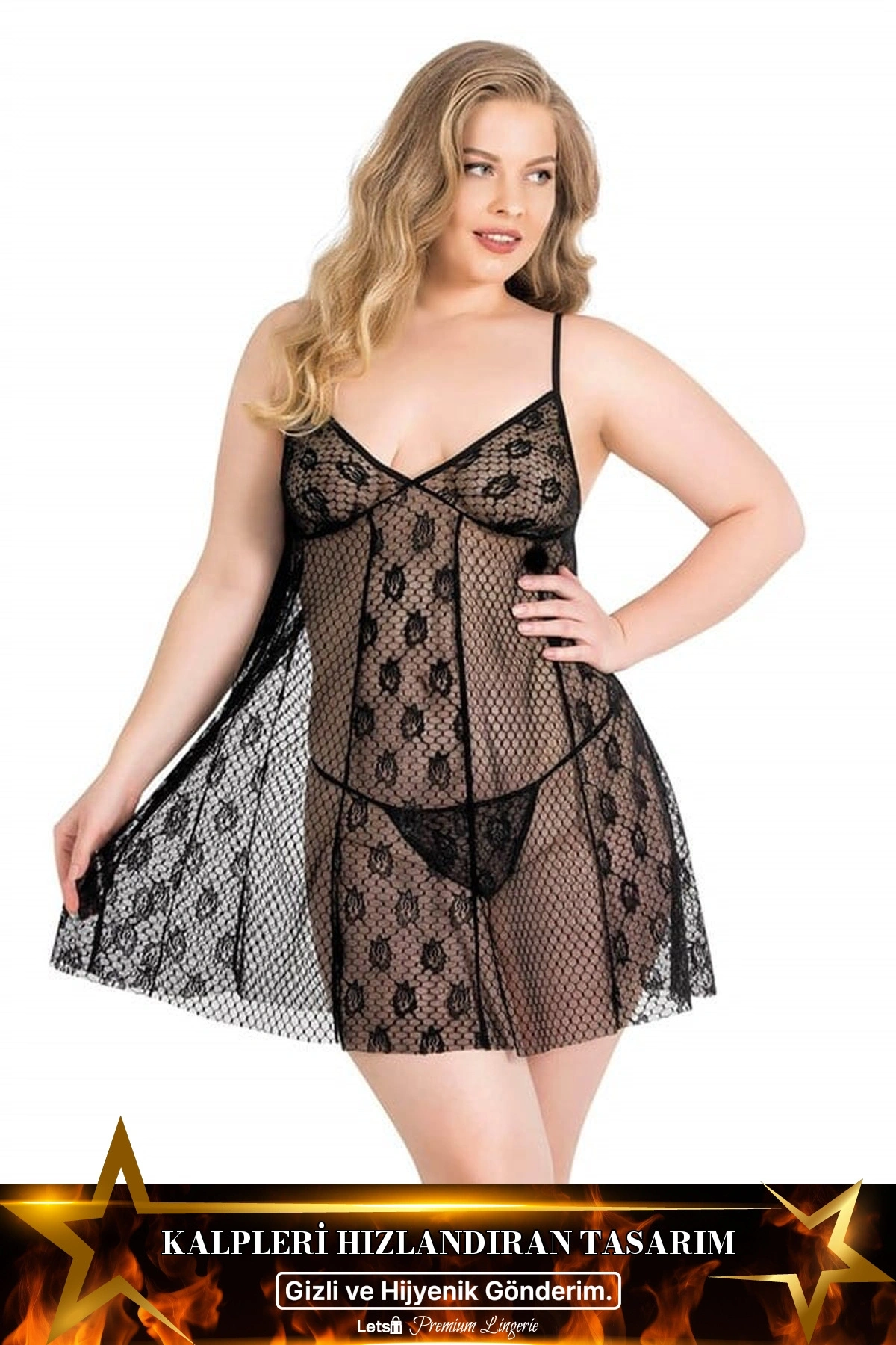 Büyük Kısa Tül Fantezi Gecelik Takımı Siyah Renk