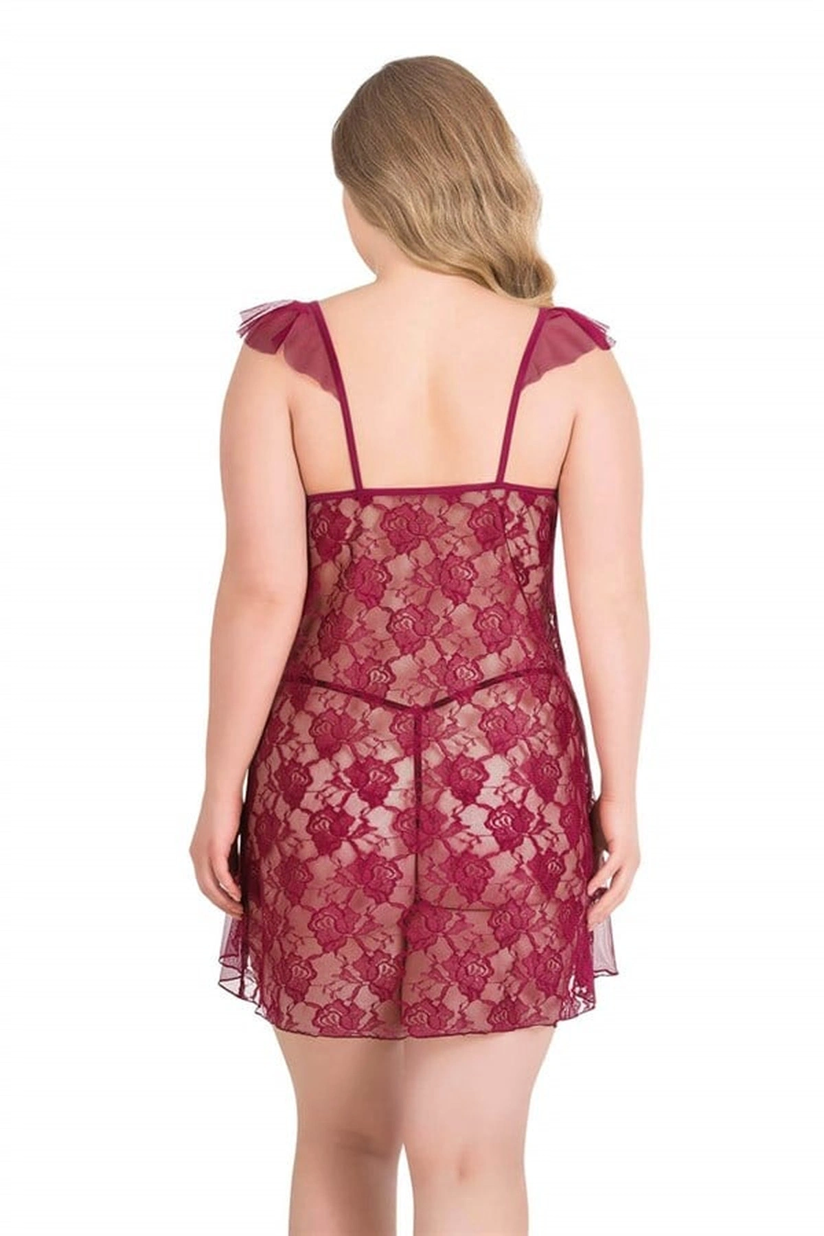 Büyük Kısa Tül Gecelik Takımı Bordo Renk