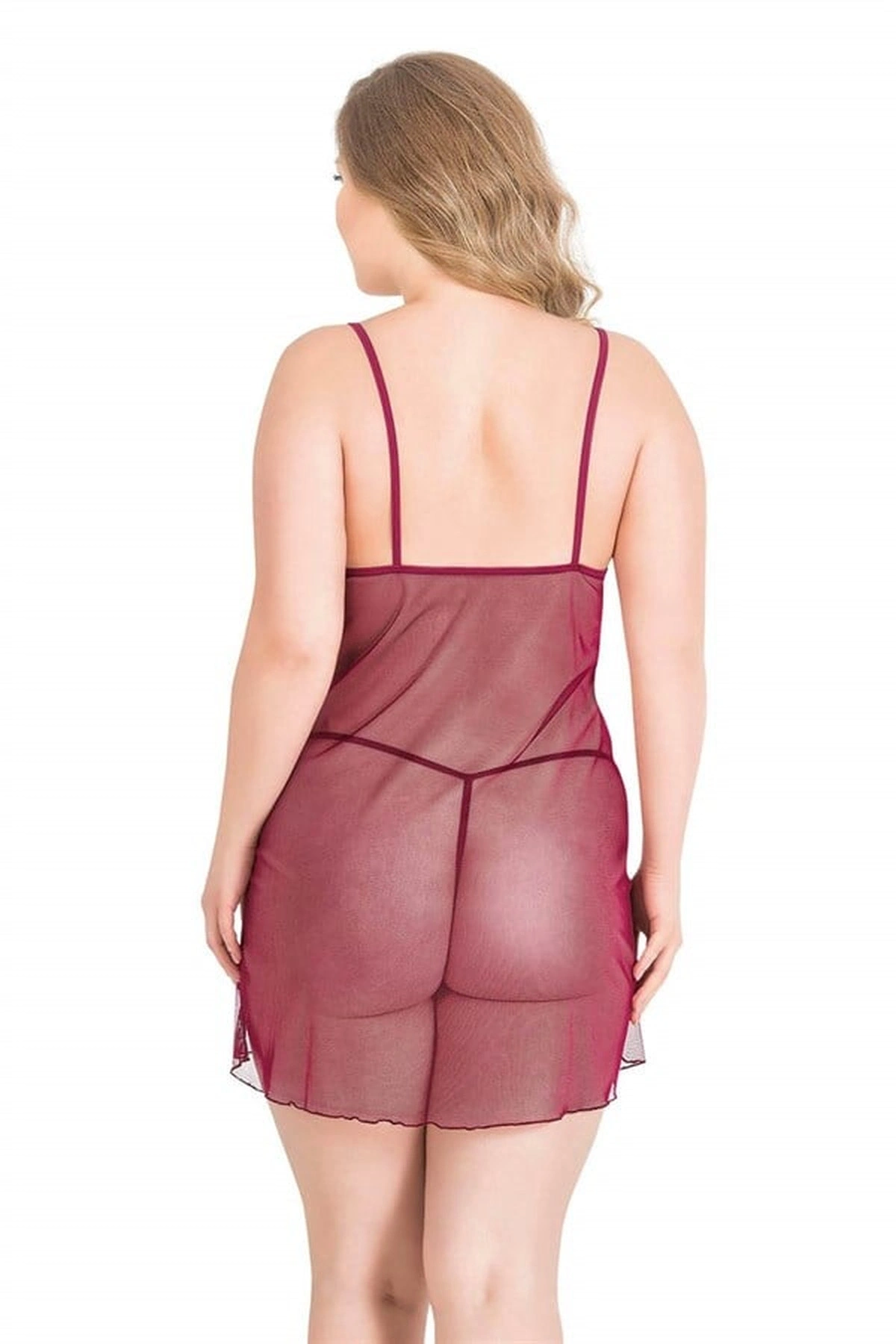 Büyük Kısa Tül Gecelik Takımı Bordo Renk